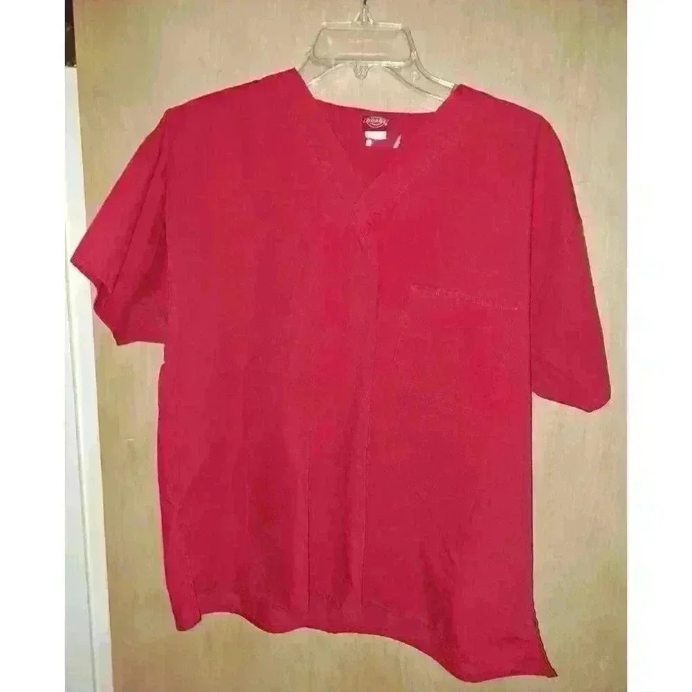 Dickies Unisex M Scrub‎ Top Red Solid V Neck Pocket Short Sleeve